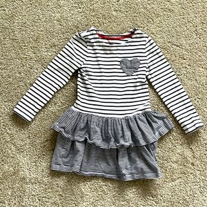 Long sleeved blue and white striped ruffle tiered dress